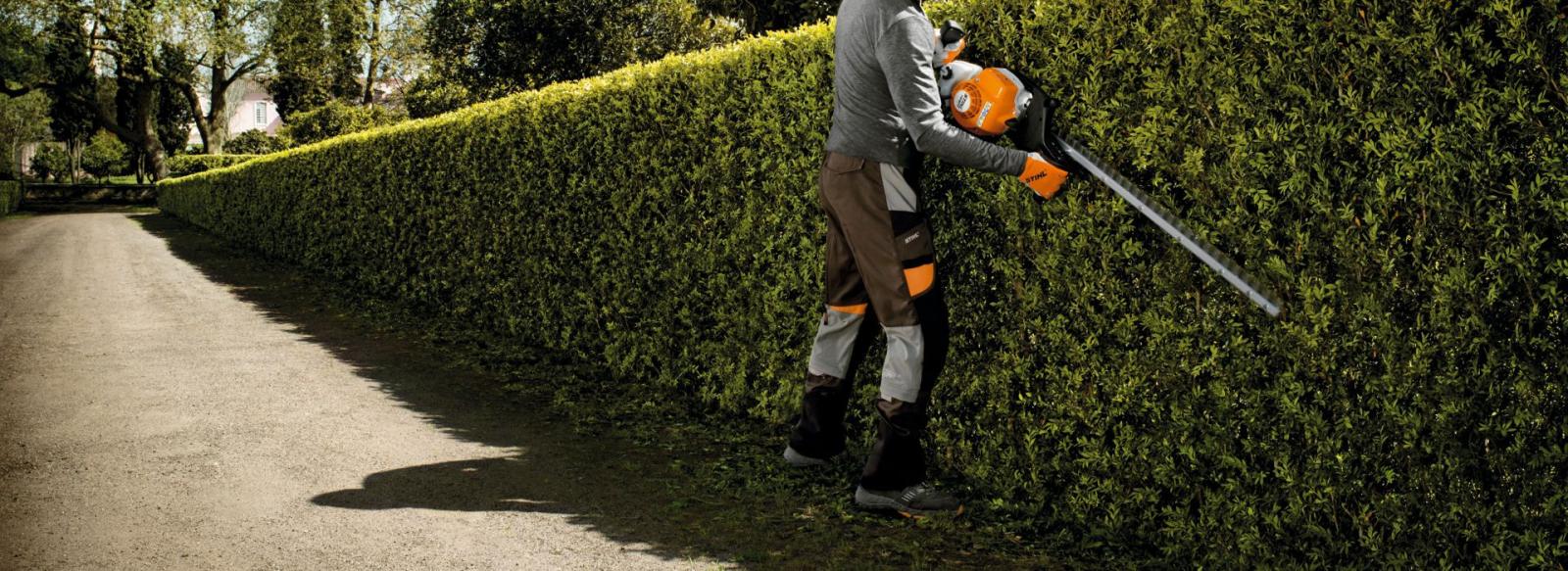 Homme qui taille une immense haie avec un Taille-haie thermique Stihl HS 82R