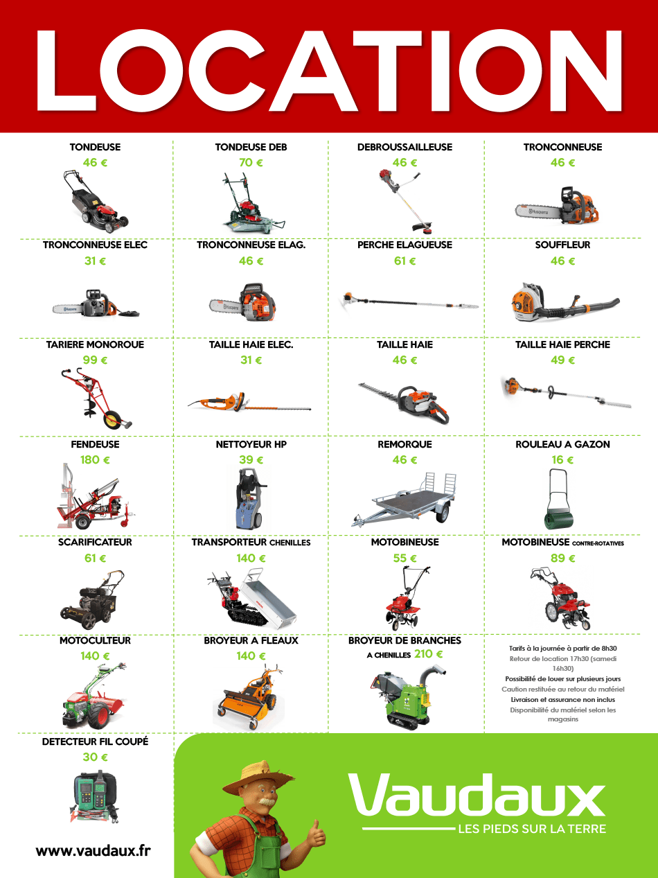 tarif location matériels et outils espaces verts